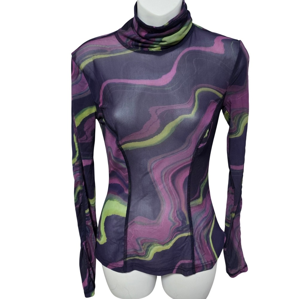 Fabletics Purple Marble Swirl Sheer‎ Mesh Top Womens XS Rave Whimsigoth Festival